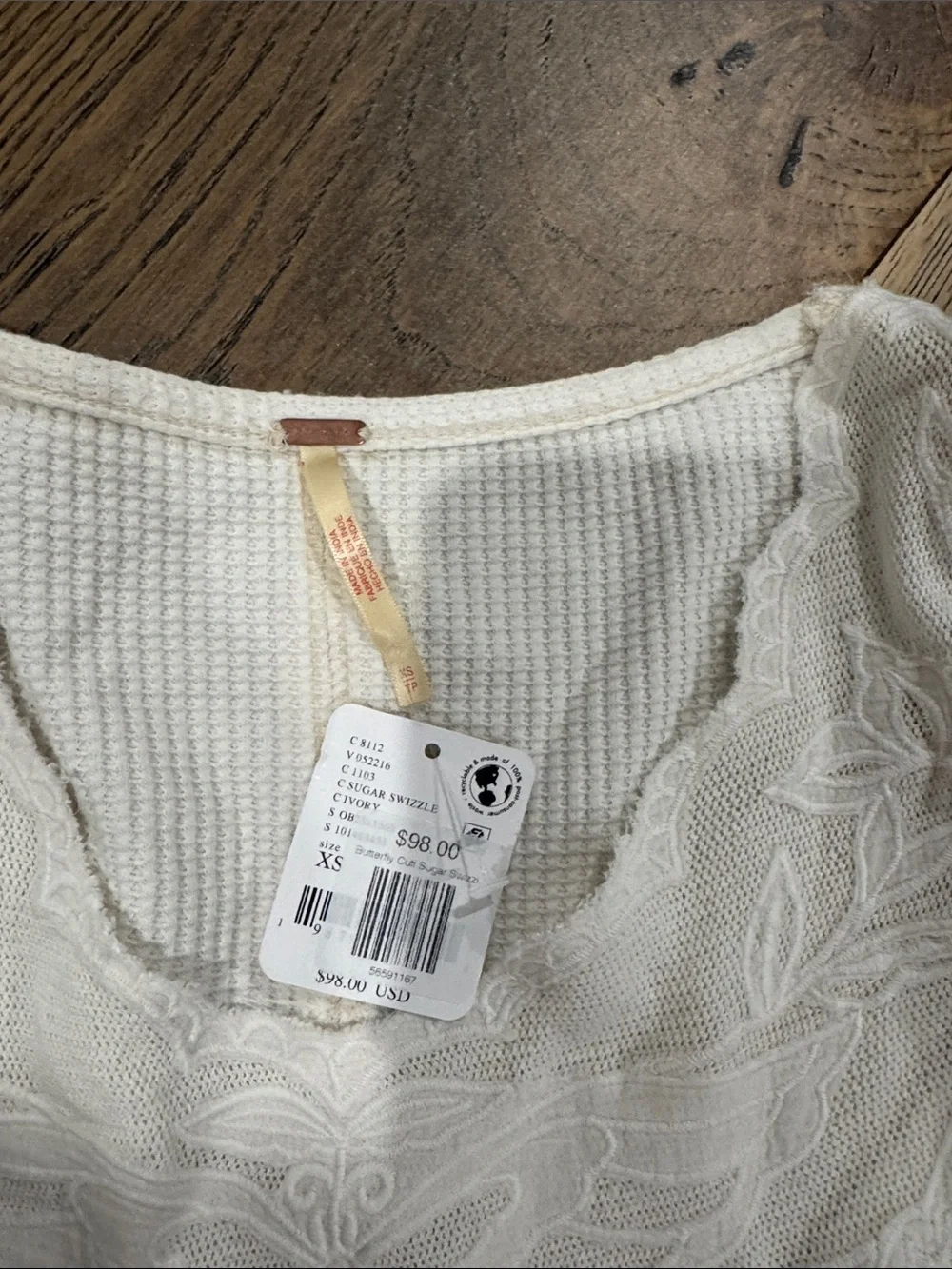 Free People Cream Long Sleeve Thermal Top with Lace V-Neck